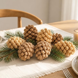 May include: A collection of seven crocheted pinecones in varying shades of tan and brown, arranged with green artificial pine branches. The pinecones feature a textured, knotted yarn construction and are displayed as a decorative centrepiece.
