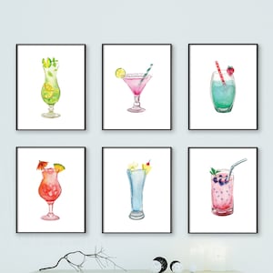 Cócteles de acuarela imprimible conjunto de arte de 6 impresiones Descarga digital instantánea, arte de alcohol cóctel impresión cocina pared arte decoración del hogar de verano