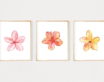 Tropical Flowers Printable Art Set of 3 Prints, Instant Digital Download tropical art watercolor flower print watercolor floral print set