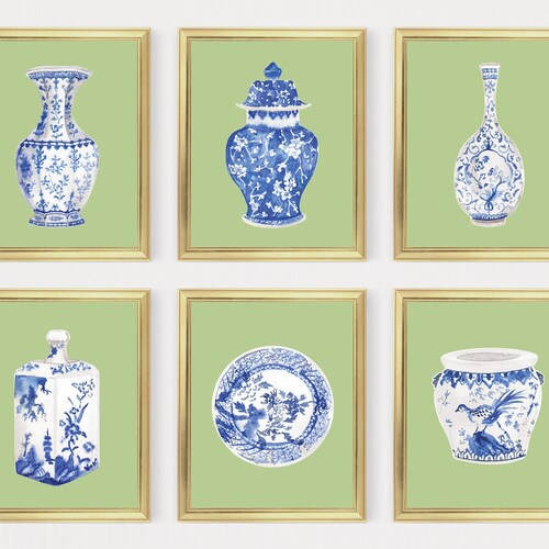 Blue and White China Flowers Watercolor Vases Printable Art Etsy