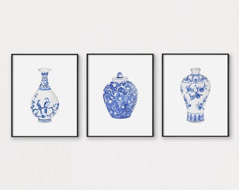 シノワズリー花瓶アートプリント、インディゴブルーの中国風装飾