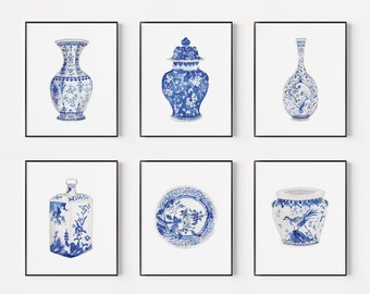 Watercolor Chinoiserie Vase Art Prints: Blue & White Set (Digital Download)