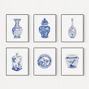 Acuarela Chinoiserie Jarrones Imprimible Arte Conjunto de 6 impresiones Descarga Digital Instantánea, porcelana Ming porcelana azul y blanca imprime arte oriental