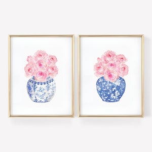 Acuarela Rosas Chinoiserie Jarrones Imprimible Arte Conjunto de 2 impresiones Descarga digital instantánea, jarrón azul y blanco impresión chinoiserie arte de pared imagen 1
