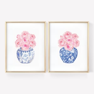 Acuarela Rosas Chinoiserie Jarrones Imprimible Arte Conjunto de 2 impresiones Descarga digital instantánea, jarrón azul y blanco impresión chinoiserie arte de pared imagen 1