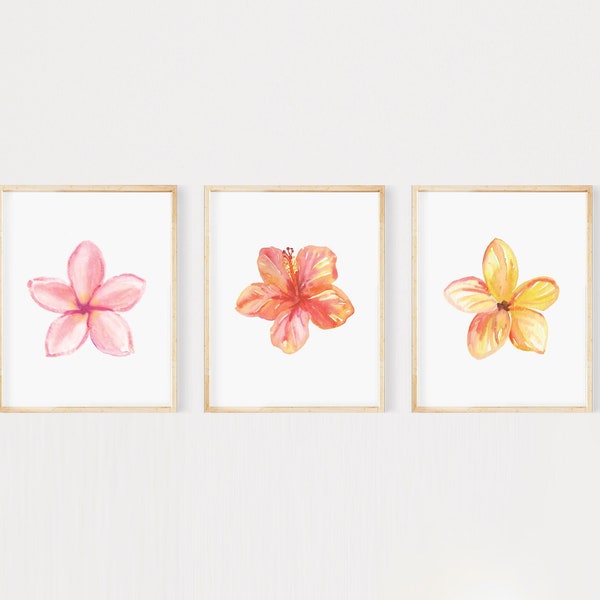 Tropical Flowers Printable Art Set of 3 Prints, Instant Digital Download tropical art watercolor flower print watercolor floral print set