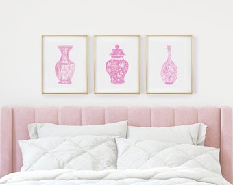 Watercolor Pink Chinoiserie Vase Art Prints: Set of 3 (Digital Download)