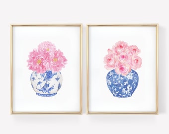 Watercolor Pink Peonies & Roses Chinoiserie Printable Art Set of 2 Instant Digital Download, watercolor flower print chinoiserie art print