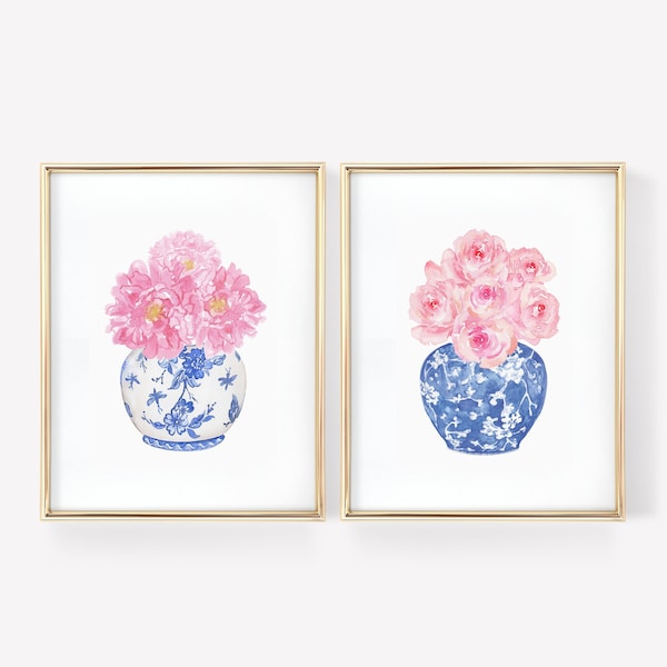 Watercolor Pink Peonies & Roses Chinoiserie Printable Art Set of 2 Instant Digital Download, watercolor flower print chinoiserie art print