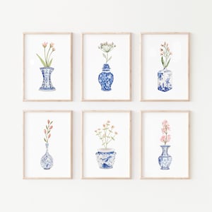 Láminas artísticas de estilo chinoiserie con flores silvestres: jarrones azules y blancos (descarga digital)