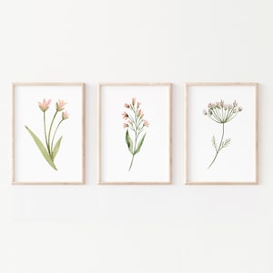 Watercolor Wild Flowers Printable Art Set of 3, Instant Digital Download wildflower print set pink floral art, pastel flower painting her