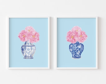 Watercolor Peonies Chinoiserie Art Prints: Blue Vases, Set of 2 (Digital Download)