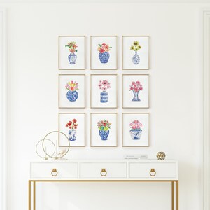Watercolor Chinoiserie Floral Art Prints: Blue & White Vase Set (Digital Download)