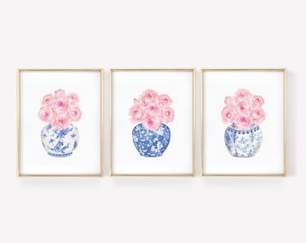 Watercolor Roses in Blue China Vases Art Prints Set (Digital Download)