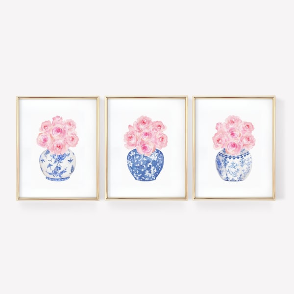 Watercolor Roses in China Vases Printable Art Set of 3 prints Instant Digital Download, blue and white porcelain vase art chinoiserie print