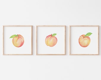 Aquarell Pfirsiche Küche druckbare Kunst sofortiger digitaler Download, Kinderzimmer-Druckset Pfirsich Kunst Obst Druck Sommerkunst tropische Wanddekoration