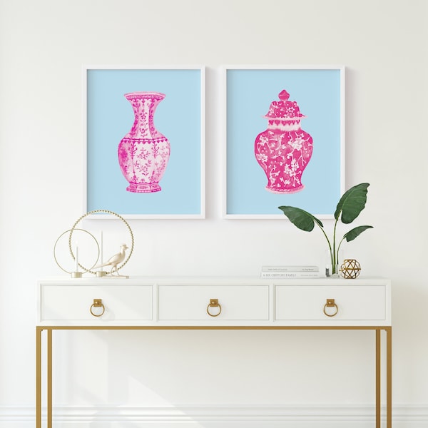 Watercolor Pink and Blue Chinoiserie Printable Art Set of 2 Instant Digital Download, blue and white chinoiserie art print pink china vase