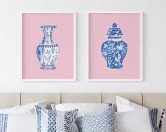 Watercolor Chinoiserie Vases Printable Art Set of 2 Instant Digital Download, blue and pink chinoiserie art print blue and white chinoiserie