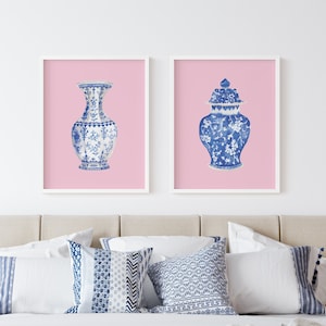 Watercolor Chinoiserie Vases Printable Art Set of 2 Instant Digital Download, blue and pink chinoiserie art print blue and white chinoiserie