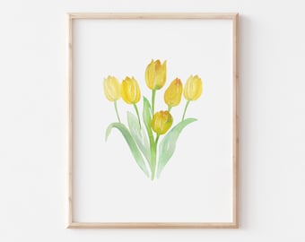 Watercolor Tulip Printable Art Instant Digital Download, flower art watercolor floral print tulip painting yellow flower print scandinavian