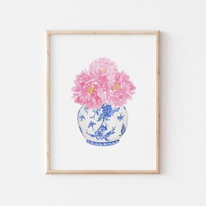 Watercolor Pink Peonies in China Vase Printable Art Instant Digital Download, watercolor blue and white china art watercolor peony digital