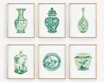 Watercolor Chinoiserie Vase Print Set: Emerald Green Asian Art (Digital Download)
