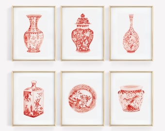 Stampe di vasi chinoiserie ad acquerello: arte cinese rossa e bianca (download digitale)