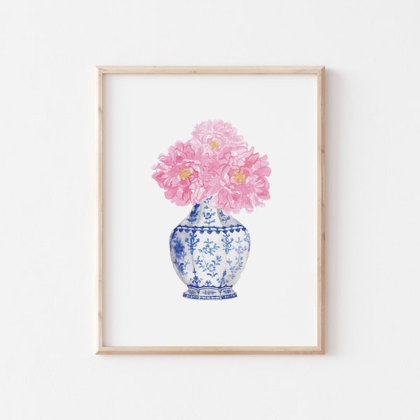 Pink Peonies in Chinoiserie Vase Watercolor Printable Art Instant Digital Download, blue white china porcelain oriental chinese asian art
