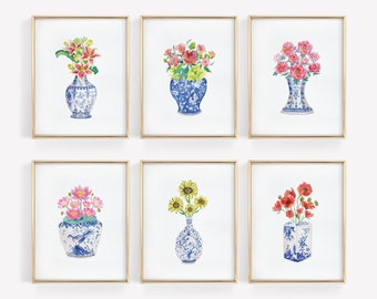 Watercolor Chinoiserie Vases Art Prints: Blue White Porcelain (Digital Download)