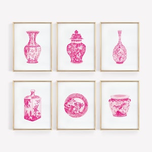 Pink Chinoiserie Art Print Set: Watercolor China Decor (Digital Download)