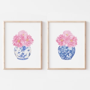 Acuarela Peonías China Jarrón Imprimible Arte Conjunto de 2 impresiones Descarga Digital Instantánea, jarrón de porcelana arte azul y blanco chinoiserie impresión