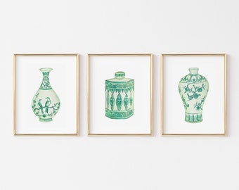 Chinoiserie Vase Print Set: Watercolor Green Porcelain (Digital Download)