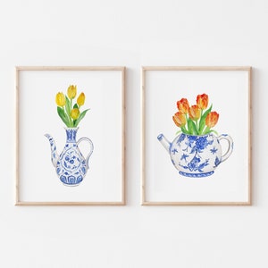 Watercolor Tulips Chinoiserie Teapots Printable Art Set of 2 prints Instant Digital Download, Ming porcelain vase blue and white china vase