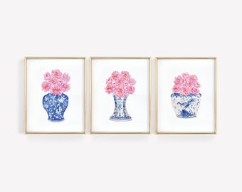 Watercolor Peonies Chinoiserie Art Prints: Vase Set of 3 (Digital Download)
