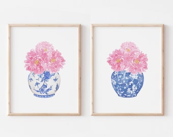 Watercolor Peonies China Vase Printable Art Set of 2 prints Instant Digital Download, porcelain vase art blue and white chinoiserie print