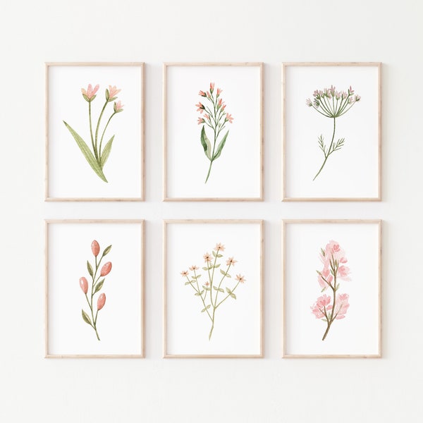 Aquarell Wildblumen druckbare Kunst Set 6, sofortiger digitaler Download Wildblumen Druck Set rosa Blumen Kunst, Pastell Blumen Malerei her
