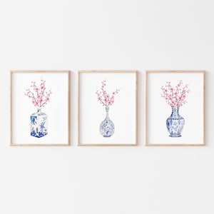 Conjunto de estampados chinoiserie de flor de cerezo: jarrones azules y blancos (descarga digital)