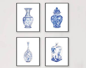 Blue And White China Watercolor Vases Printable Art Set Of 3 Etsy