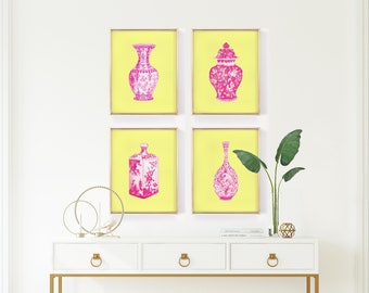 Acuarela Rosa Amarillo Chinoiserie Imprimible Arte Conjunto de 4 Descarga Digital Instantánea, Hot pink chinoiserie art print pink china vase print