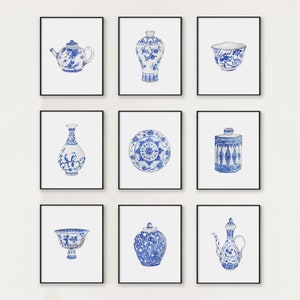 Watercolor Chinoiserie Set of 9 Prints Instant Digital Download, Chinoiserie printable blue and white porcelain print ginger jar art chinese