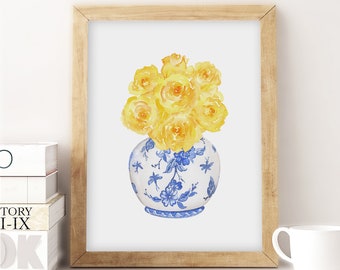 Watercolor Yellow Roses in China Printable Art Instant Digital Download, Chinoiserie printable blue and white china, Watercolor flower print