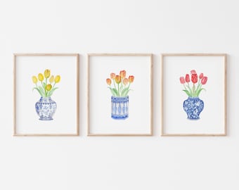 Watercolor Tulips in Chinoiserie Vases Art Prints Set (Digital Download)