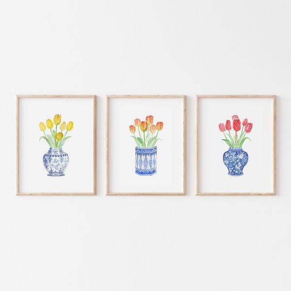 Aquarelle Tulipes Chinoiserie Vases Printable Art Ensemble de 3 tirages Téléchargement numérique instantané fleur impression bleu et blanc Chine vase art fleur