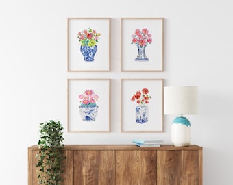 Watercolor Chinoiserie Vases Art Prints: Blue White Porcelain (Digital Download)