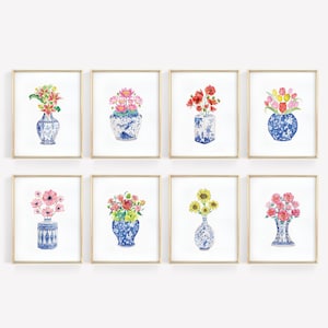 Watercolor Flowers in Chinoiserie Vases Printable Art Set of 8, Instant Digital Download watercolor chinoiserie art print blue and white art