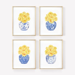 Aquarela Rosa Amarela na China Conjunto de arte para impressão com 4 download digital instantâneo, impressão chinoiserie azul e branca rosa com impressão azul e amarela