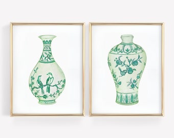 Chinoiserie Vase Print Set: Watercolor Jade Green Art (Digital Download)