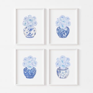 Aquarel blauwe rozen in China vazen afdrukbare kunstset van 4 prints Instant Digitale Download, blauw en wit chinoiserie kunstprint porselein