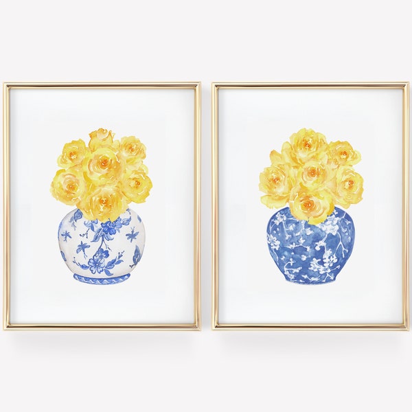 Watercolor Yellow Roses in China Printable Art Set of 2 Instant Digital Download, Chinoiserie print blue and white print Watercolor flower