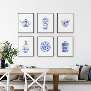 Watercolor Chinoiserie Printable Art Set of 6 prints Instant Digital Download, chinoiserie art print blue and white porcelain print china